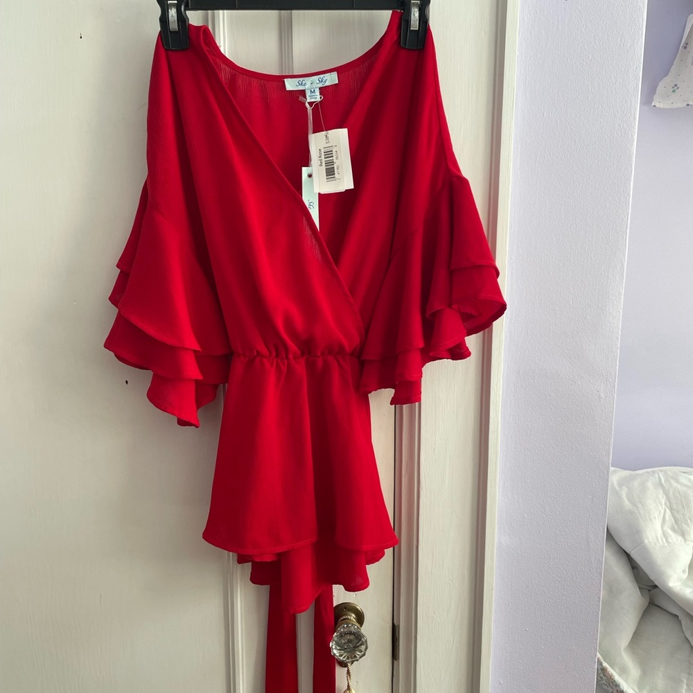 Women’s Fancy Red Blouse. Different style, makes a statement. Size S/P. She+Sky